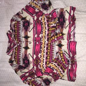 Western Print Cropped Button Down Blouse
